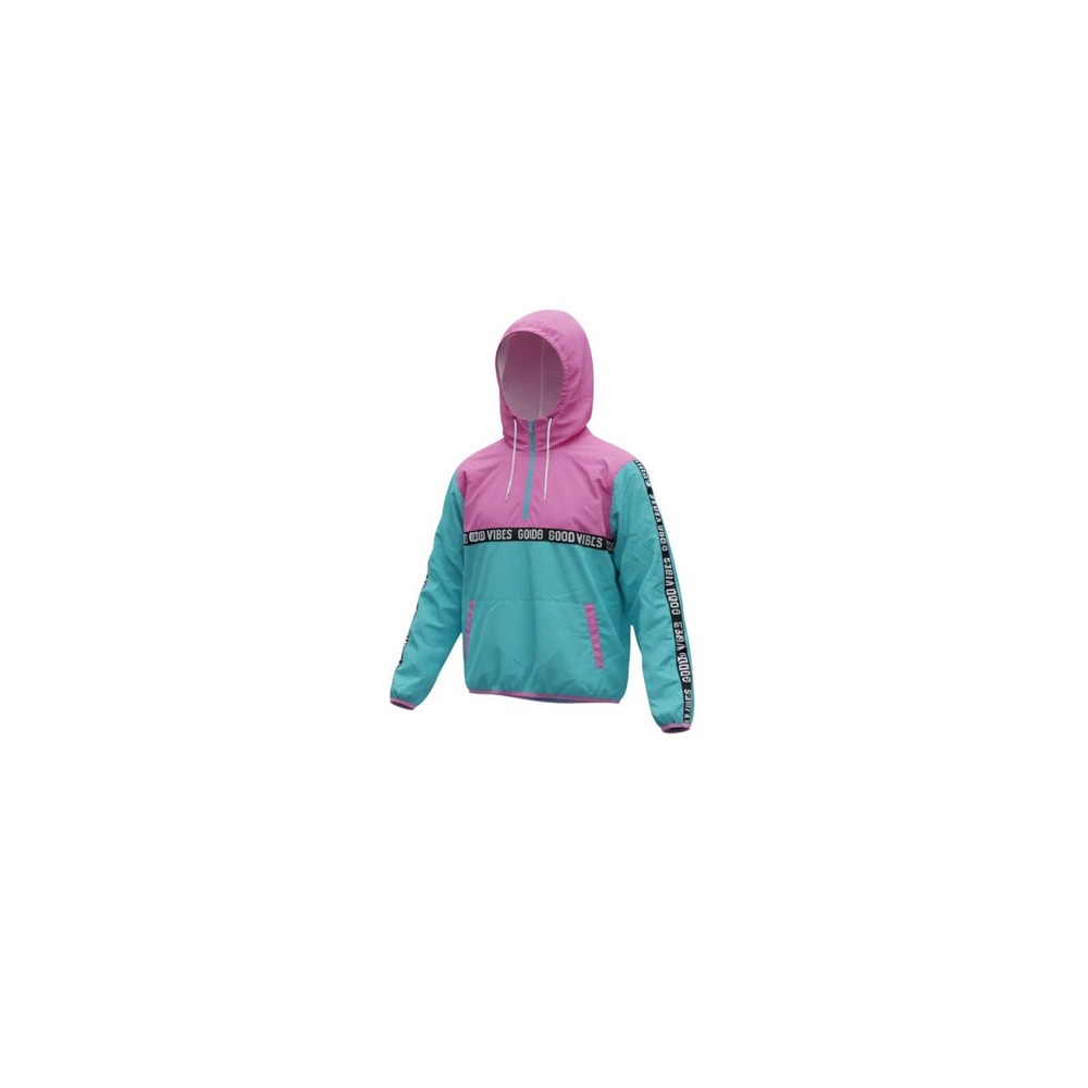 Rue21 Windbreaker Womens XL Pink Teal Good Vibes Logo Tape 1/4 Zip Pullover